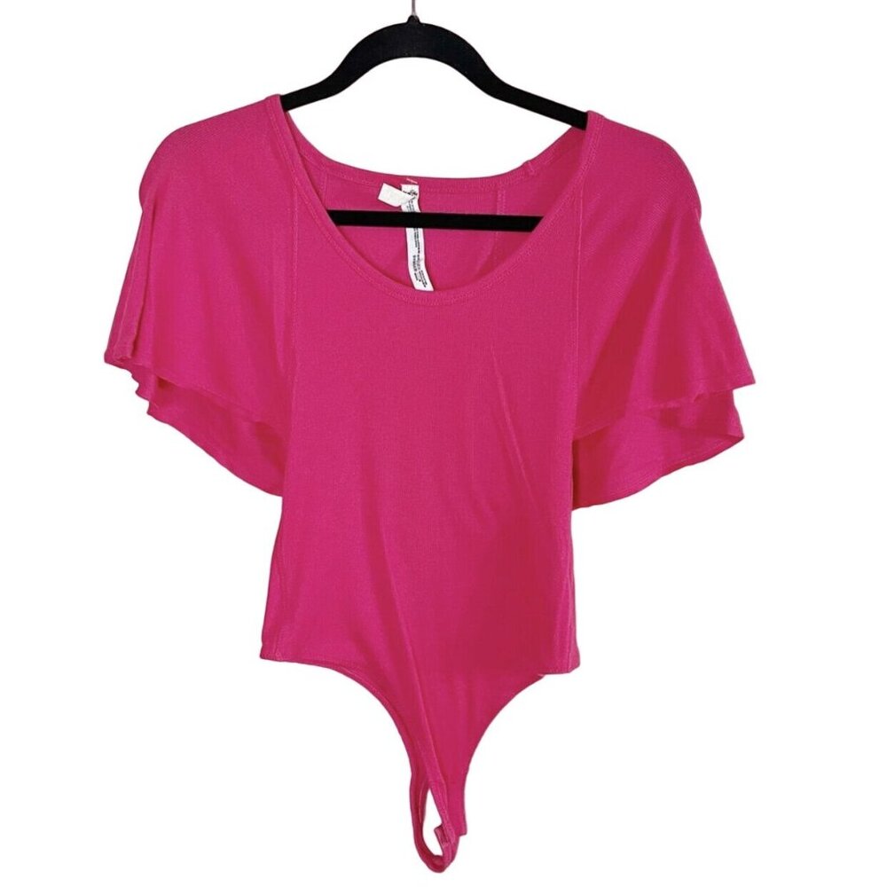 FREE PEOPLE Womens Bodysuit SZ S Byron Ribbed Flutter Sleeve Raspberry Casual